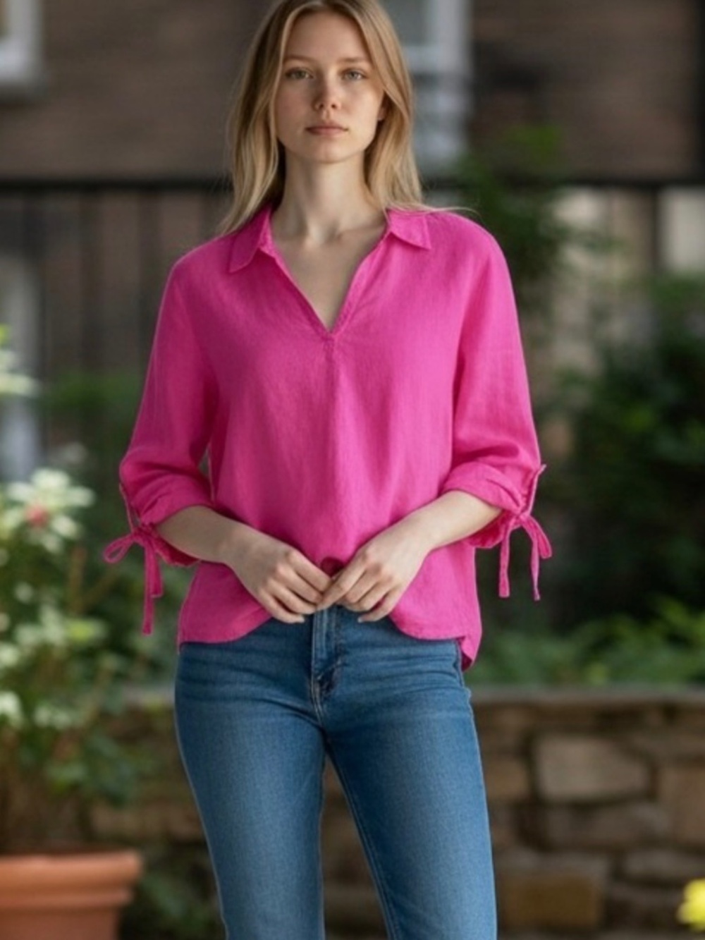Isaac Mizrahi Linen Tunic Womens Large Pink 3/4 Sleeve V-Neck Side Tie Pullover